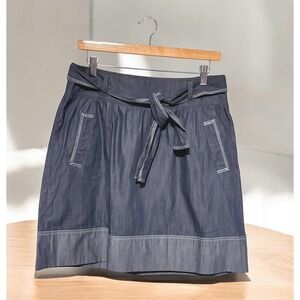 Ann Taylor LOFT Denim A-Line Mini Skirt Sash Belt Tie Dark Blue Gray Wash Sz 10P